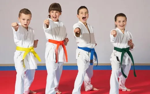 a group of kids in karate uniforms