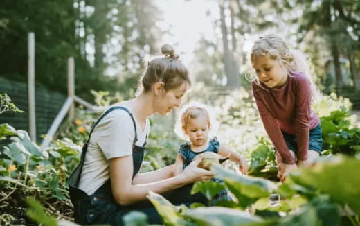 a person and two children in a garden