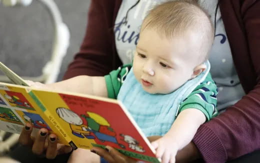 a baby reading a book