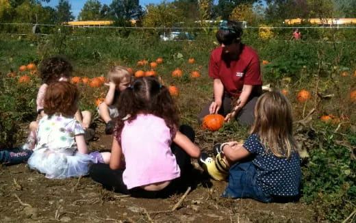 a group of people sitting in a field with pumpkins