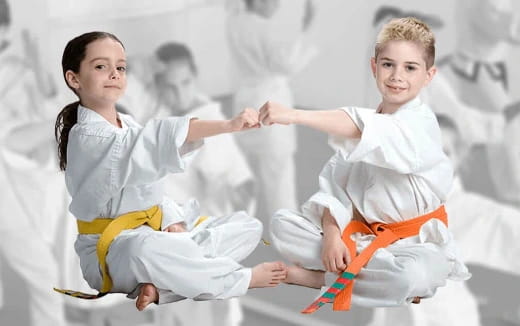 a couple of children in karate uniforms