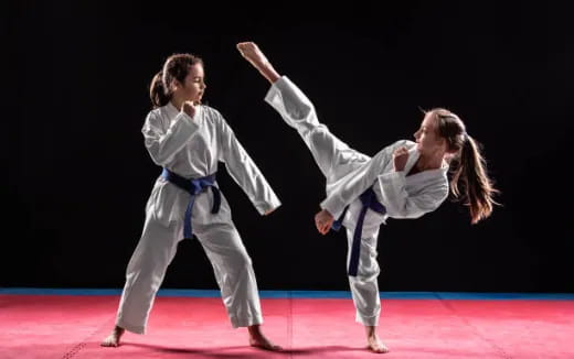 a man and a woman in karate uniforms on a red surface