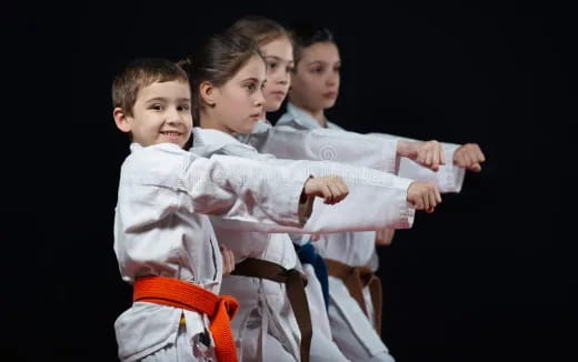 a group of boys in karate uniforms
