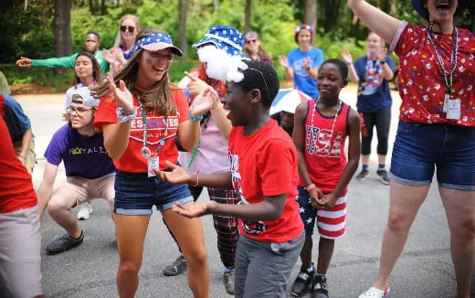 a group of people running