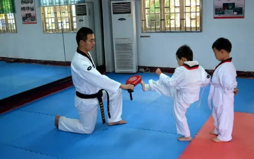 a person and two boys in karate uniforms
