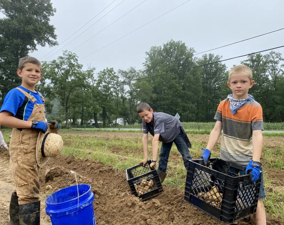 a group of boys holding buckets