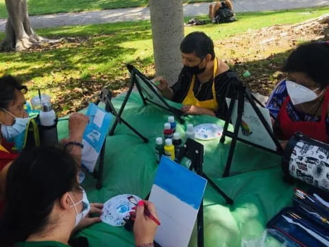 a group of people sitting at a picnic table