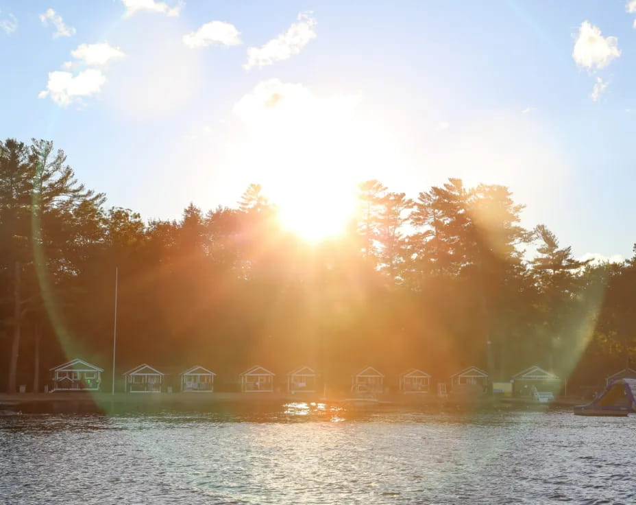 a body of water with trees and buildings in the background