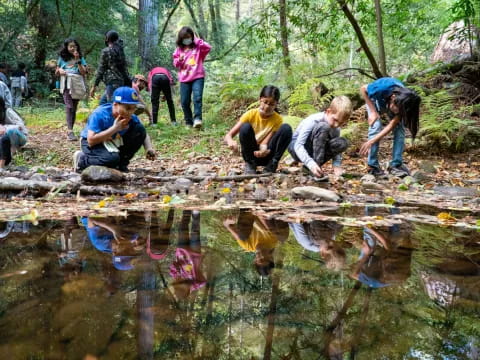 a group of people standing around a pond