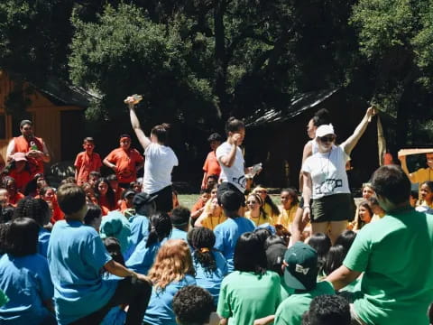 a group of people cheering