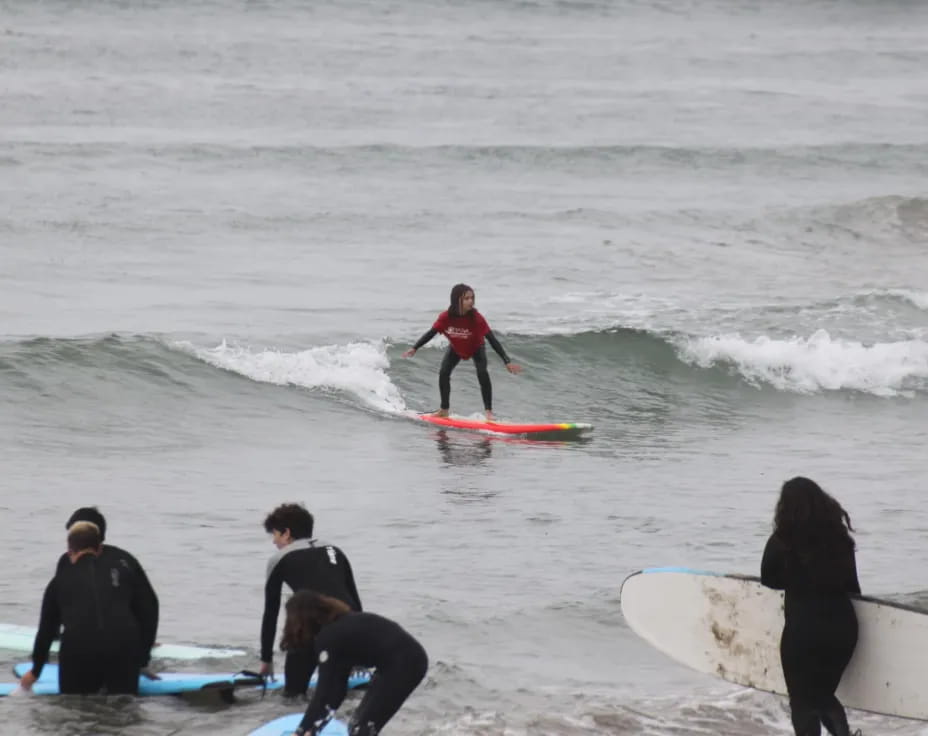 a group of surfers stand on a small wave