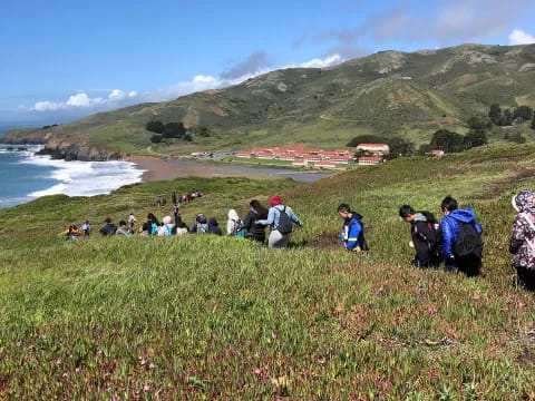 a group of people sitting on a hill by a body of water