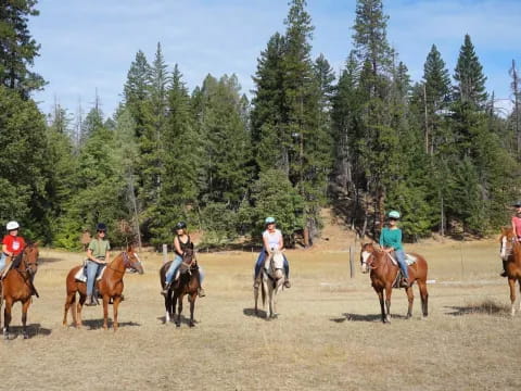 a group of people riding horses