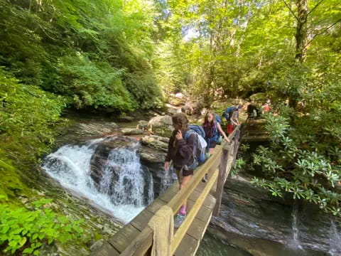 a group of people on a wooden bridge over a stream