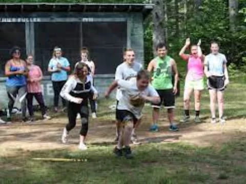 a group of people running