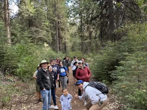 a group of people walking on a trail in the woods