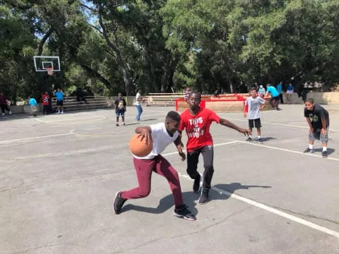 a group of people playing basketball