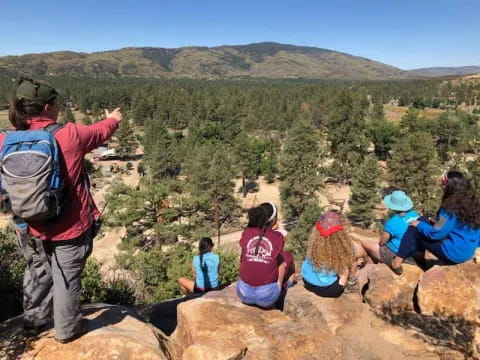 a group of people sitting on a rock overlooking a forest