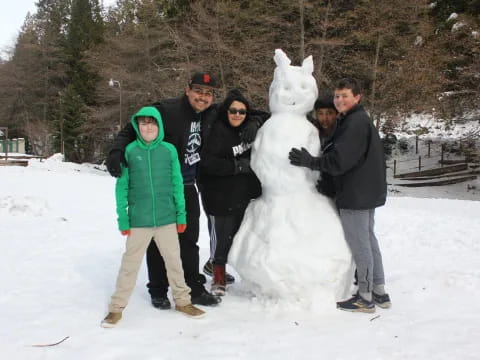 a group of people posing with a snowman