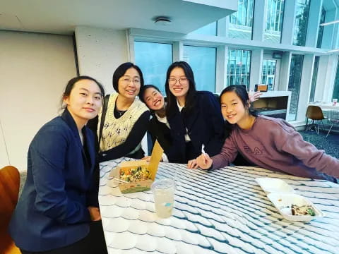 a group of women sitting at a table with food