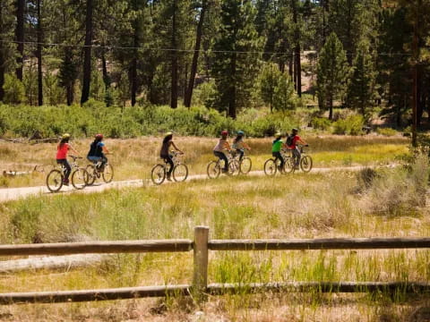 a group of people riding bikes on a dirt road