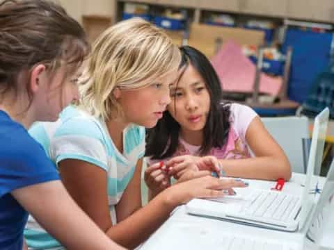 a group of young people looking at a computer screen