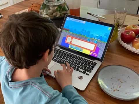 a child sitting at a table with a laptop