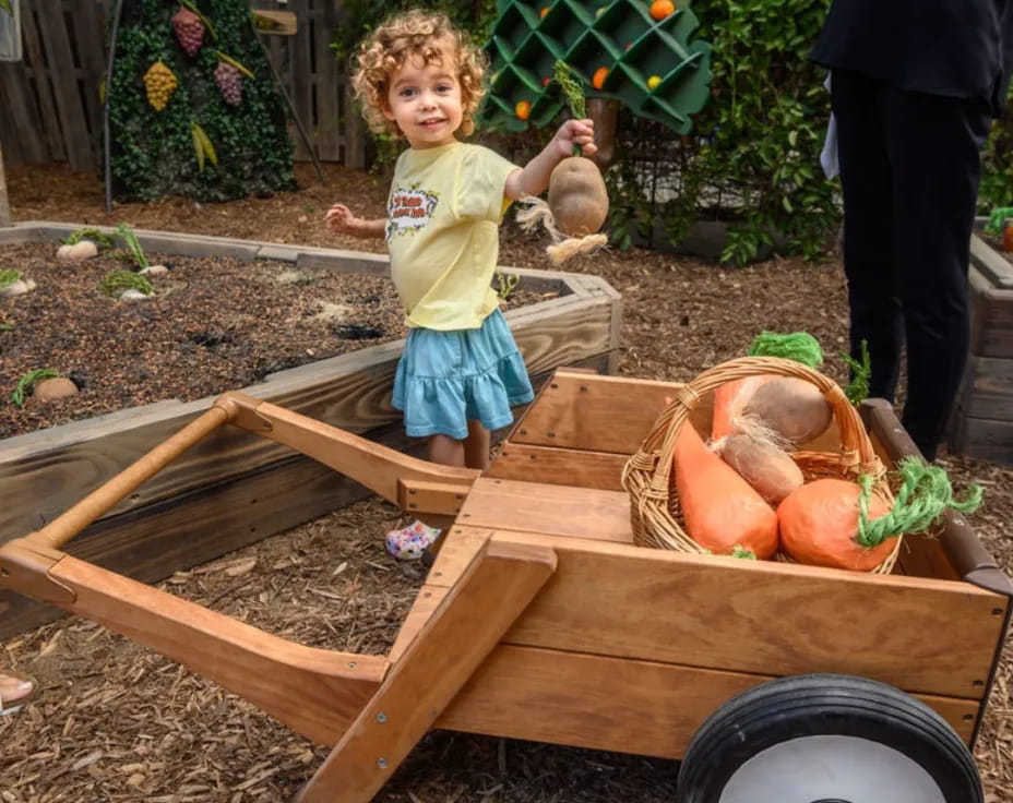 a child sitting on a table with pumpkins and a wheelbarrow