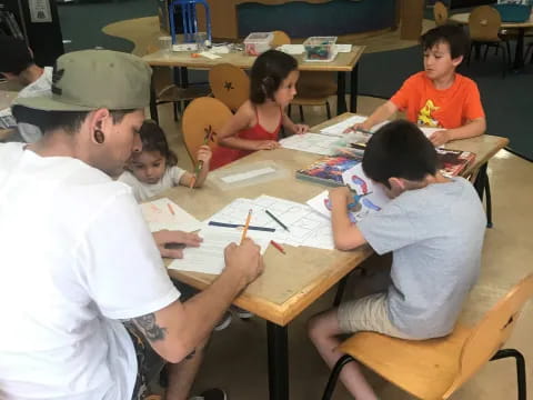 a group of people sitting at a table