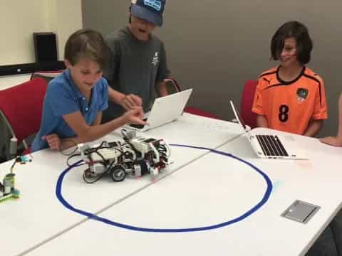 a group of kids looking at a laptop