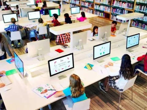 a group of people in a library