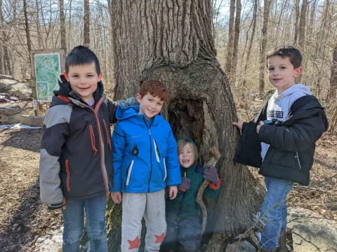 a group of boys standing next to a tree
