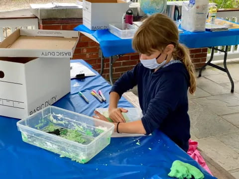 a young girl painting a green plant
