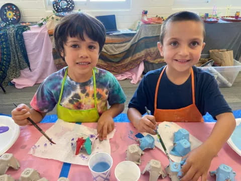 a couple of children painting