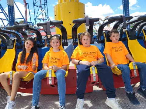 a group of people sitting on a roller coaster