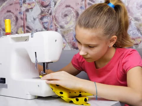 a young girl using a sewing machine