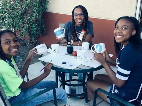 a group of women sitting at a table with coffee cups and a plant