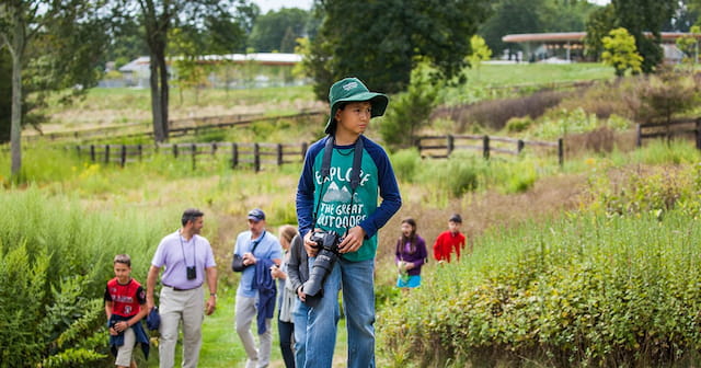 a group of people walking in a field