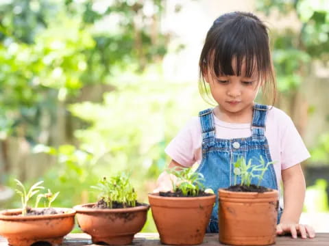 a child standing next to potted plants