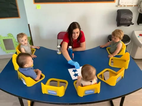 a person and several children sitting at a table