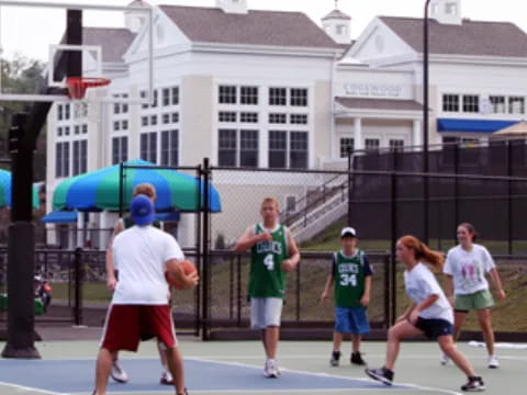 a group of people playing basketball