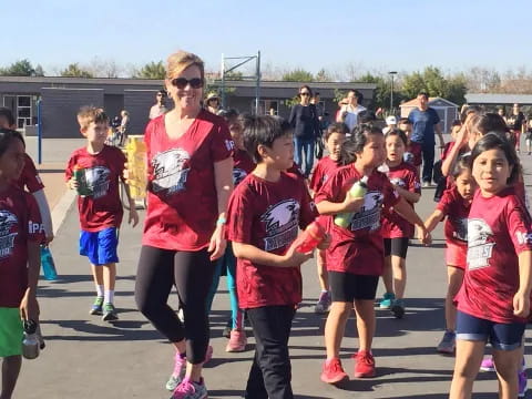 a group of people running