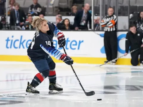 a person wearing a hockey uniform and holding a hockey stick