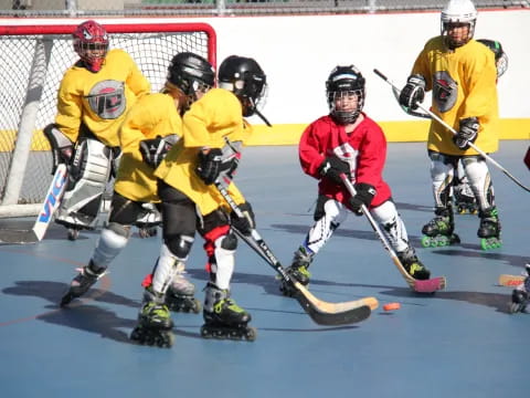 a group of hockey players on ice