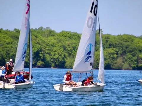 a group of people sailing on a lake