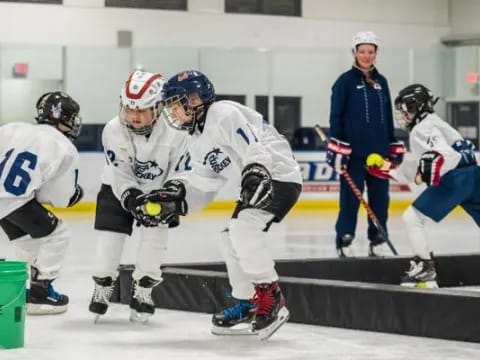 a group of people playing hockey