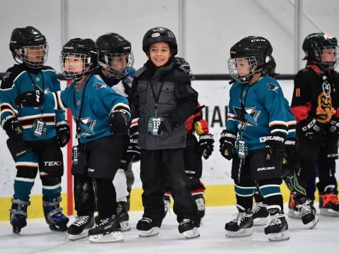 a group of kids wearing hockey gear