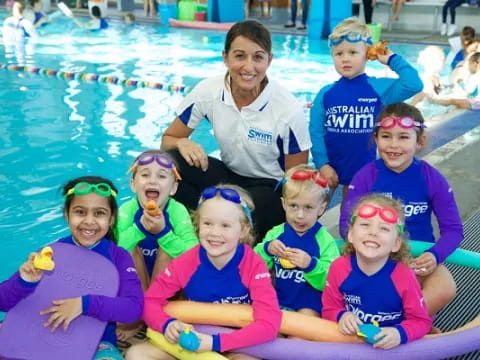 a group of people posing for a photo in a swimming pool