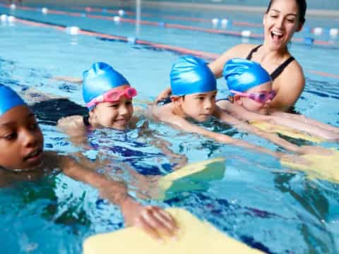 a group of people in a pool