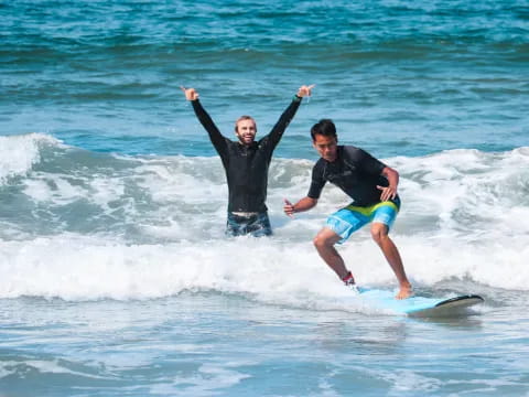 a couple of men surfing in the sea